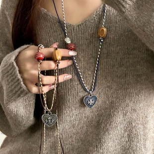 2025新款 毛衣链 秋冬小众手工串珠项链女复古民族风编织绳吊坠长款