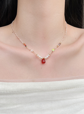 红色玛瑙水滴天然珍珠项链女2024新款爆款锁骨链轻奢高级感颈链