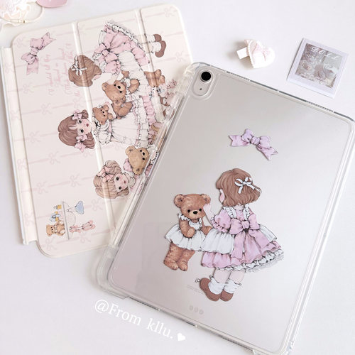 可露露原创小熊doll系列ipad保护套滑轨抽拉拆分三折笔槽防弯亚克力透明少女可爱洛丽塔适用于air456 pro11