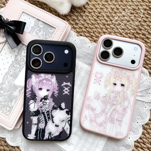 可露露原创甜莓猫磨砂轻韧壳黑边粉边手机壳可爱少女蕾系二次元防摔适用于14151617promax iphone大孔软壳