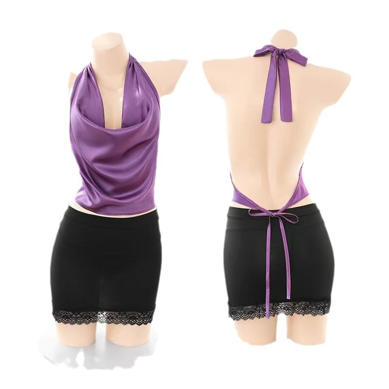 情趣秘书挂脖荡领漏胸套装夜店纯欲风包臀短裙露背ol制服蕾丝套装