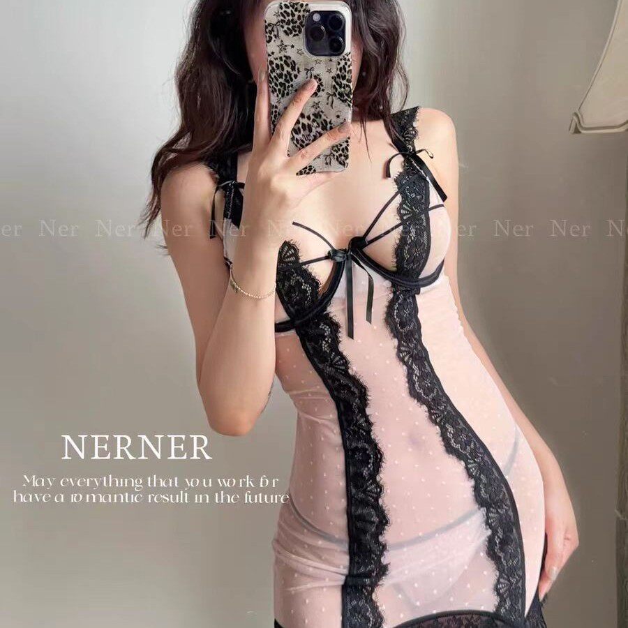 性感纯欲蕾丝边绑带欧美撞色波点包臀睡裙 超美淡粉吊带睡裙透视