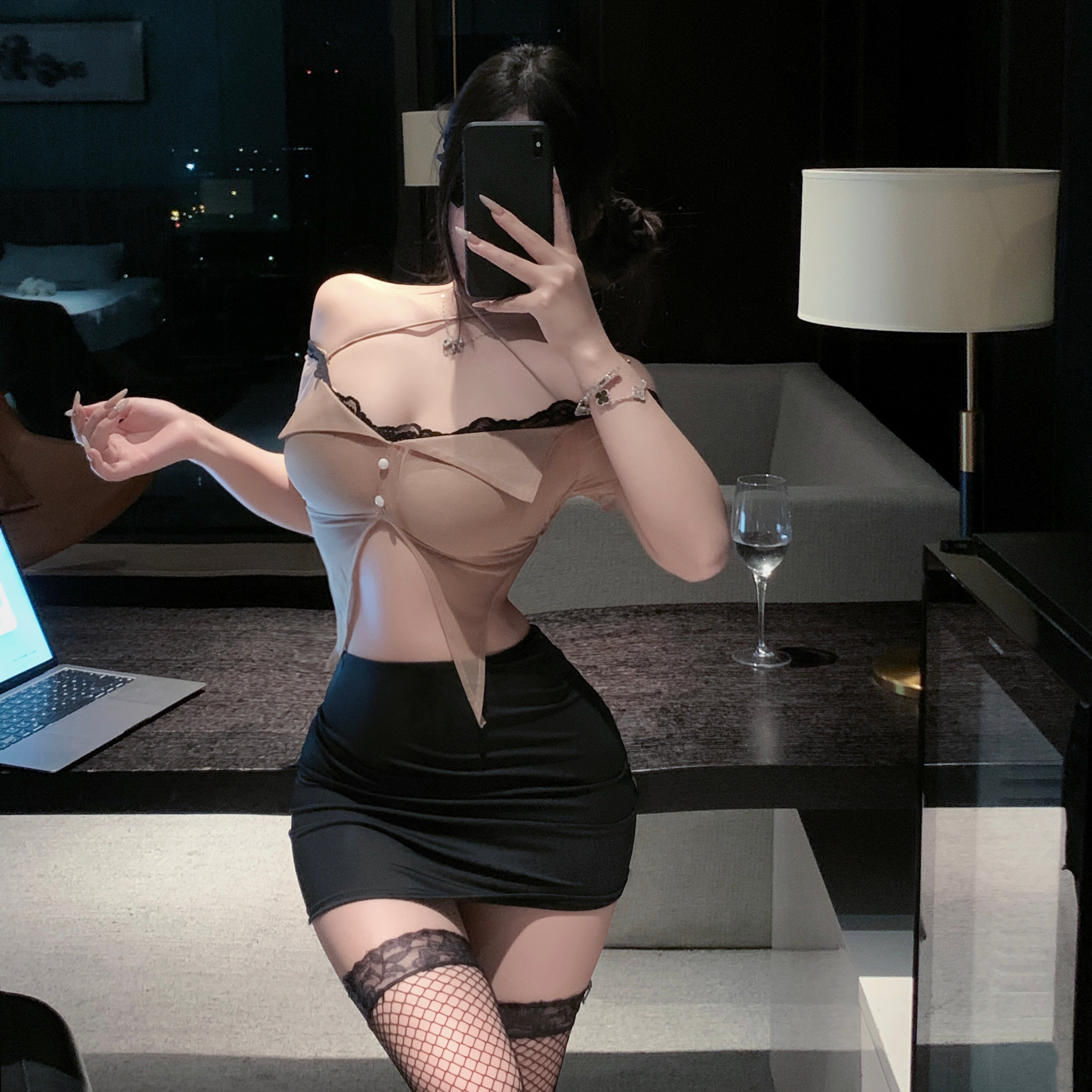 新晋尤物*新款露肩纯欲内衣女性感透明OL秘书包臀裙诱惑套装qqny