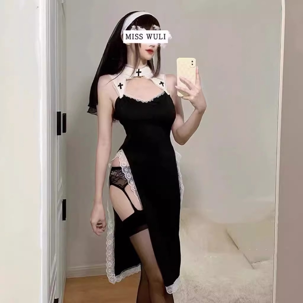 修女服cos纯欲性感紧身变装万圣节制服纯欲高开叉蕾丝旗袍连衣裙