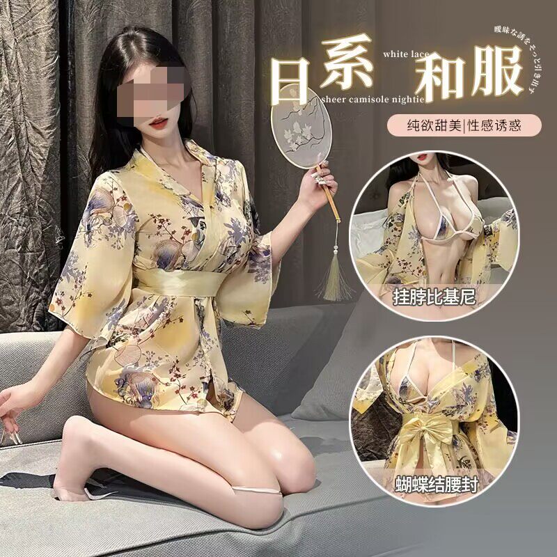 私房纯欲薄日式和服性感透视三点式情趣家居服雪纺睡裙女开襟浴袍