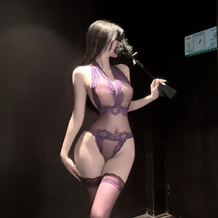 若隐若现*欧美性感蕾丝透视连体衣挂脖深V诱惑三点式显瘦情趣睡衣