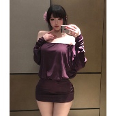 纯欲风紫色一字肩露背连衣裙女情趣海边度假性感辣妹包臀短裙子