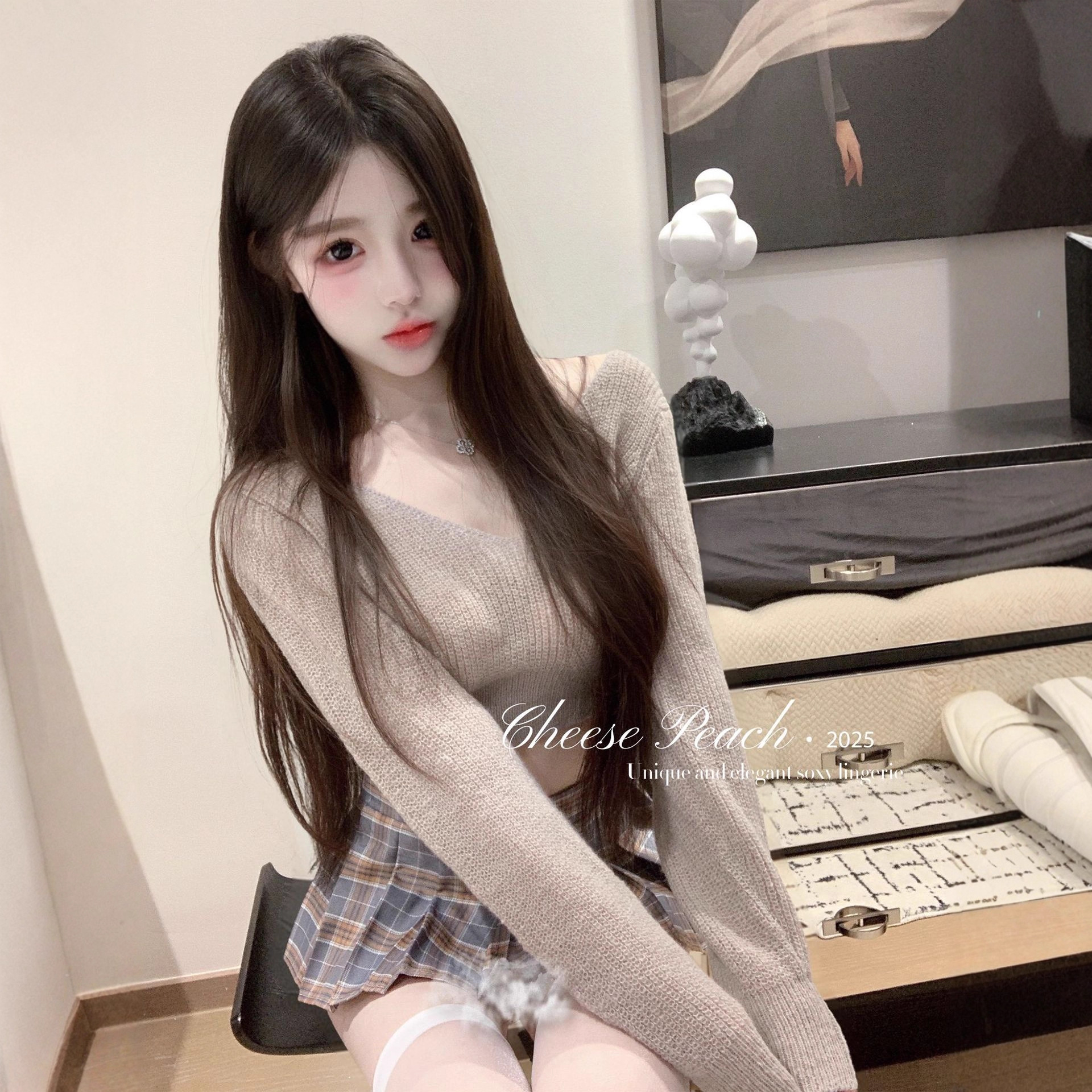 格纹忆梦*纯欲性感学院风毛衣百褶超短jk制服套装裙cos套装女诱惑