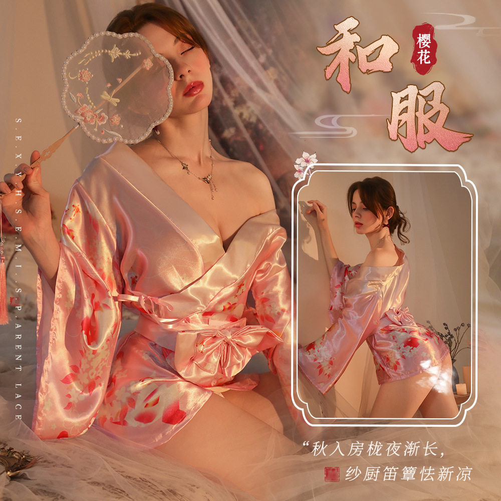 私房纯欲薄日式和服性感透视三点式情趣家居服雪纺睡裙女开襟浴袍