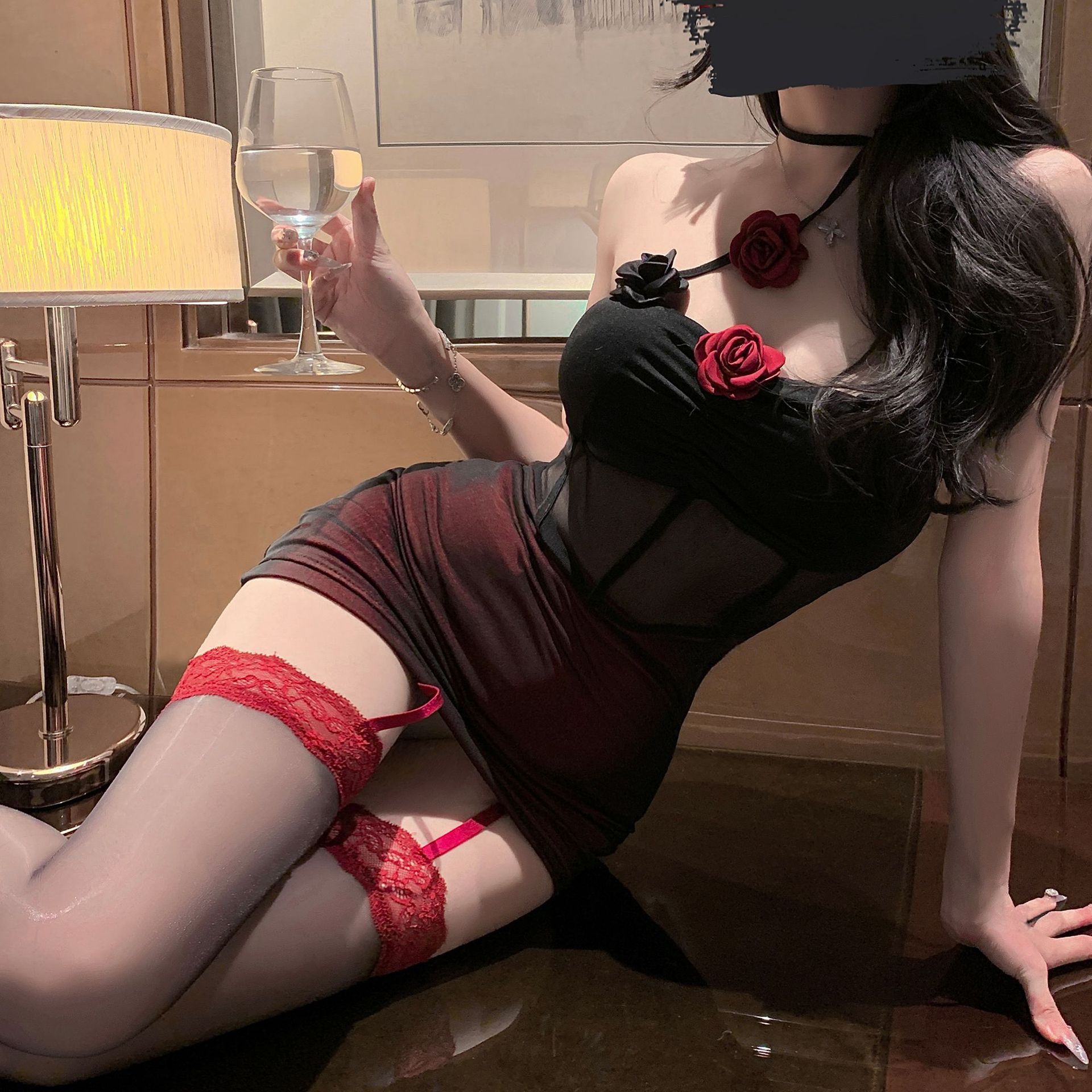 红玫瑰*性感睡衣纯欲风辣妹显瘦网纱带胸垫挂脖紧身包臀连衣裙