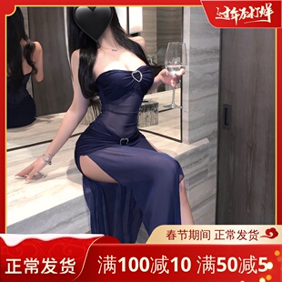 性感气质高级感若隐若现漏肩高开叉网纱透视连身裙约会制服女