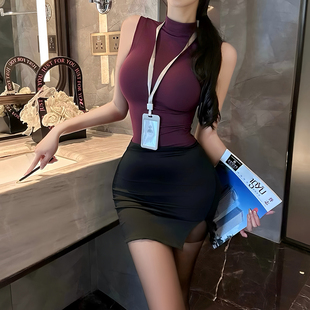 紫色半高领紧身打底背心女OL秘书高级感无袖辣妹短款上衣职业装
