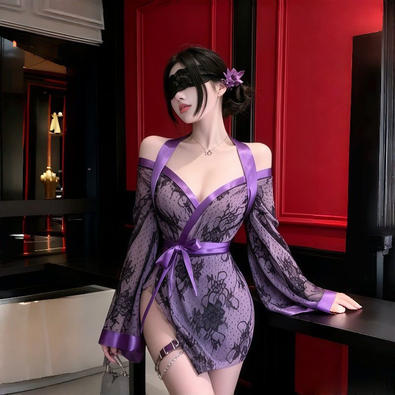 恶女花魁*性感蕾丝和服系带睡袍情侣浴袍cos紫大码魅魔情趣衣服