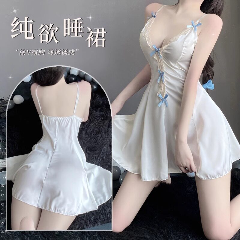 性感睡裙纯欲少女蕾丝蝴蝶结新款法式宫廷风性感冰丝薄款吊带睡衣