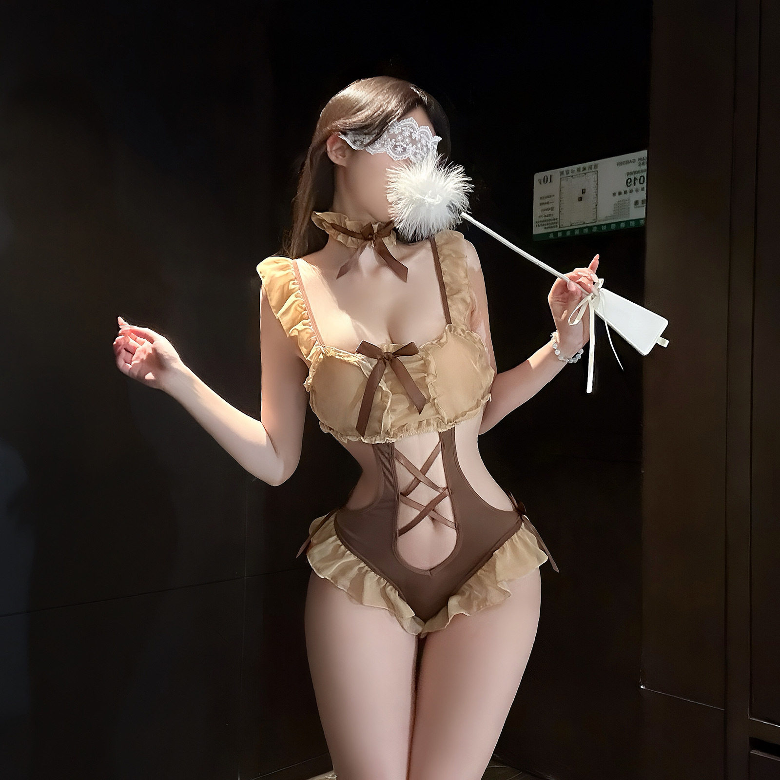 柔纱蝴蝶结纯欲女仆角色连体内衣奶fufu免脱开裆制服小胸显大qqny