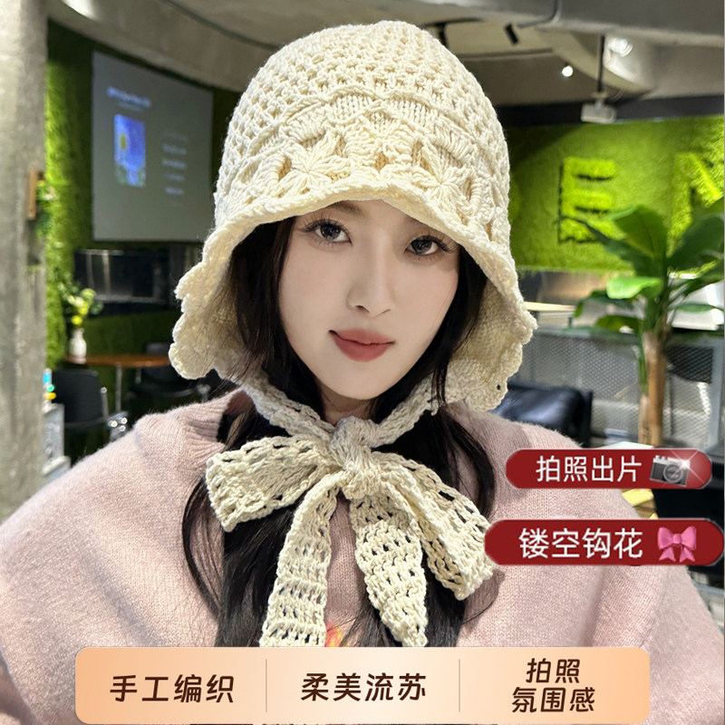 日系手工钩花绑带包头帽子女秋冬新款复搭镂空针织帽显脸小毛线帽