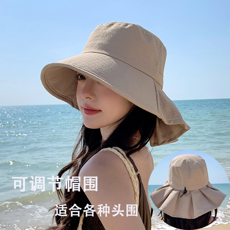 防晒渔夫帽女2025款大帽檐遮阳帽子海边沙滩防紫外线小披肩太阳帽