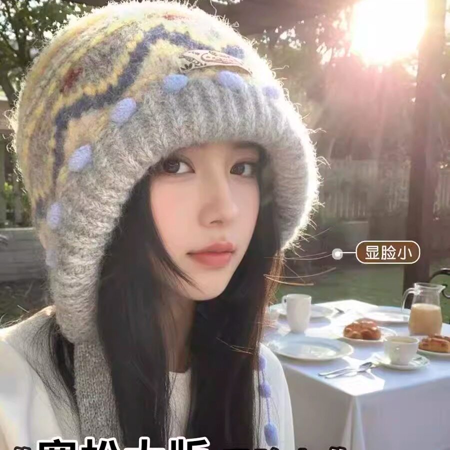 费尔岛复古针织包头帽子女2025新款秋冬显脸小保暖防寒护耳毛线帽