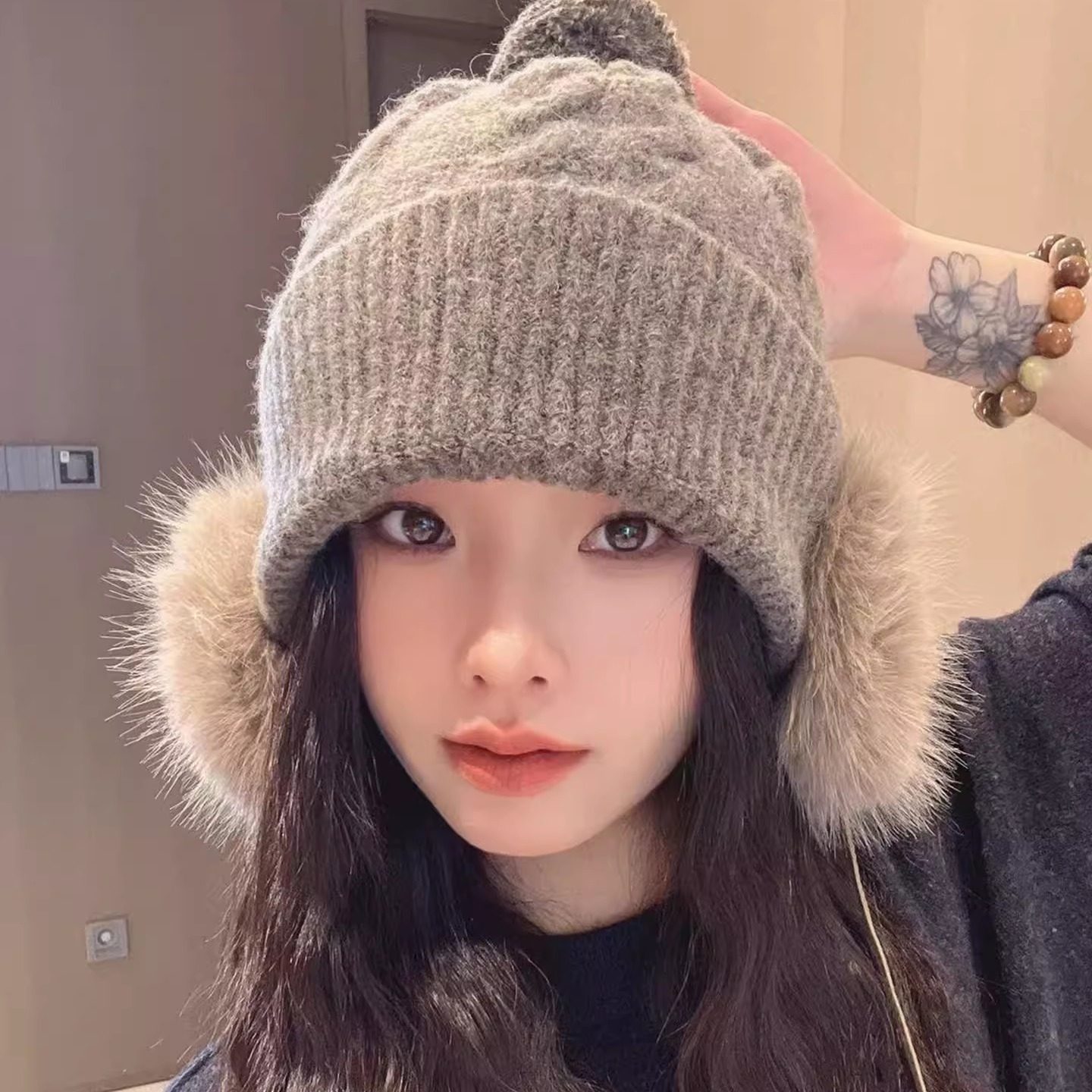 韩系复古大头围毛绒针织帽子女2025新款秋冬季保暖护耳毛线包头帽