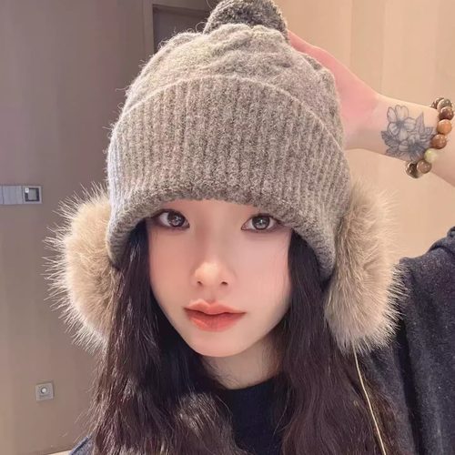 韩系复古大头围毛绒针织帽子