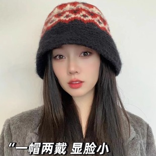 毛线渔夫帽盆潮 加厚时尚 冬季 针织保暖撞色美拉德针织帽女2024新款