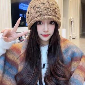 双层加厚毛线帽女手工立体钩针太阳花卷边针织帽大头尾护耳显脸小
