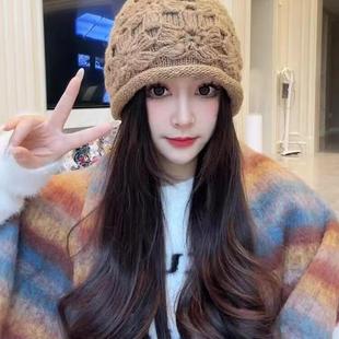 双层加厚毛线帽女手工立体钩针太阳花卷边针织帽大头尾护耳显脸小