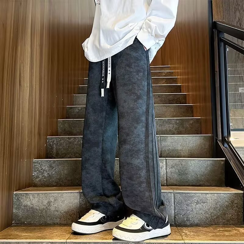 美式扎染裤子男春秋新款潮牌百搭抽绳松紧腰青少年运动阔腿休闲裤