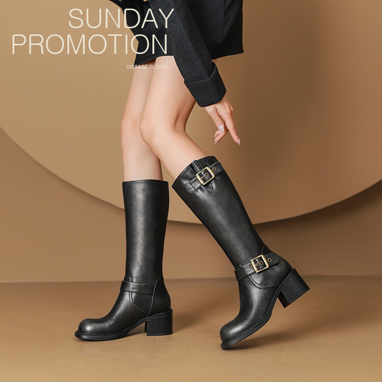 复古擦色牛皮骑士靴一脚蹬长靴子