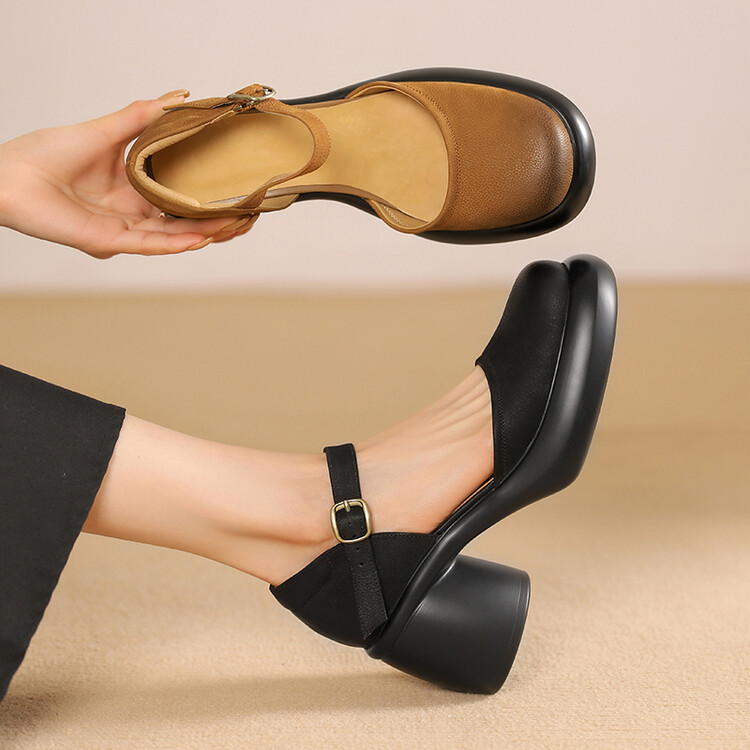 厚底粗跟一字带牛皮包头高跟凉鞋
