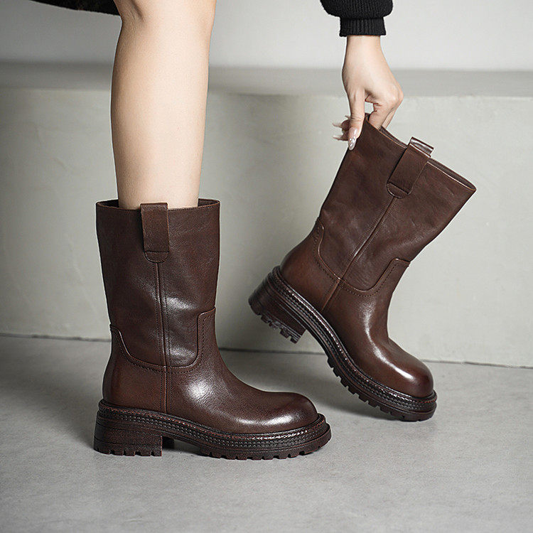 头层牛皮厚底棕色马丁靴女秋冬复古平底中筒靴英伦风骑士靴女靴子,女鞋,时装靴,淘宝优惠券,粉丝福利购,淘宝优惠卷