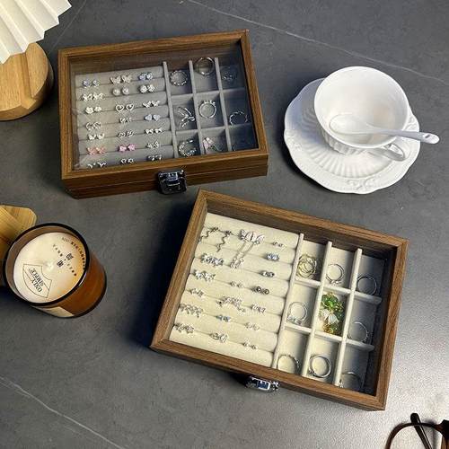 复古胡桃木珠宝箱项链饰品架耳钉戒指首饰收纳盒胡桃木展示盒