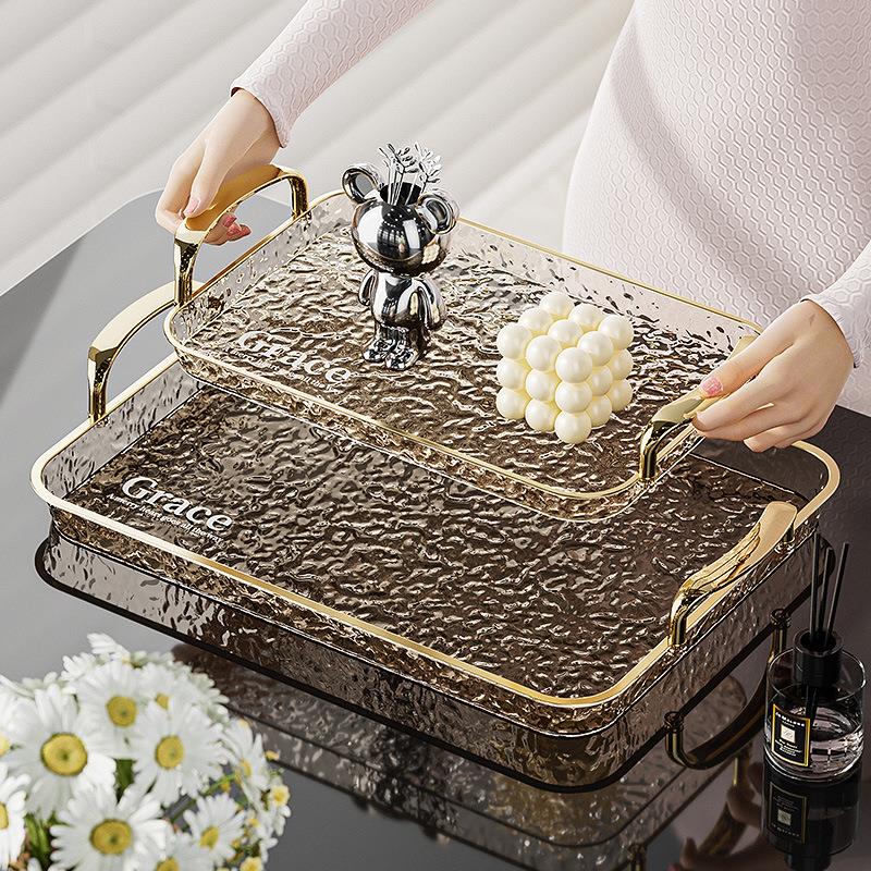 轻奢风餐用托盘 透明带把手聚会家用餐厅高档托盘耐摔水杯置物盘