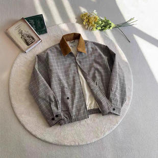 Xanvas威尔士亲王千鸟格灯芯绒撞色领哈灵顿夹克外套百搭通勤老钱