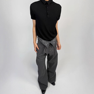 Hypeyourself「积淀」禅宗打褶刺绣微喇高腰条纹剑道残心西裤