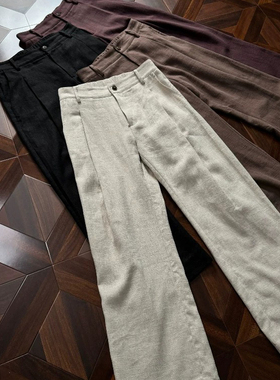 Oclin70%高定亚麻A字西裤立体打褶剪裁全包边内里新贵奢华