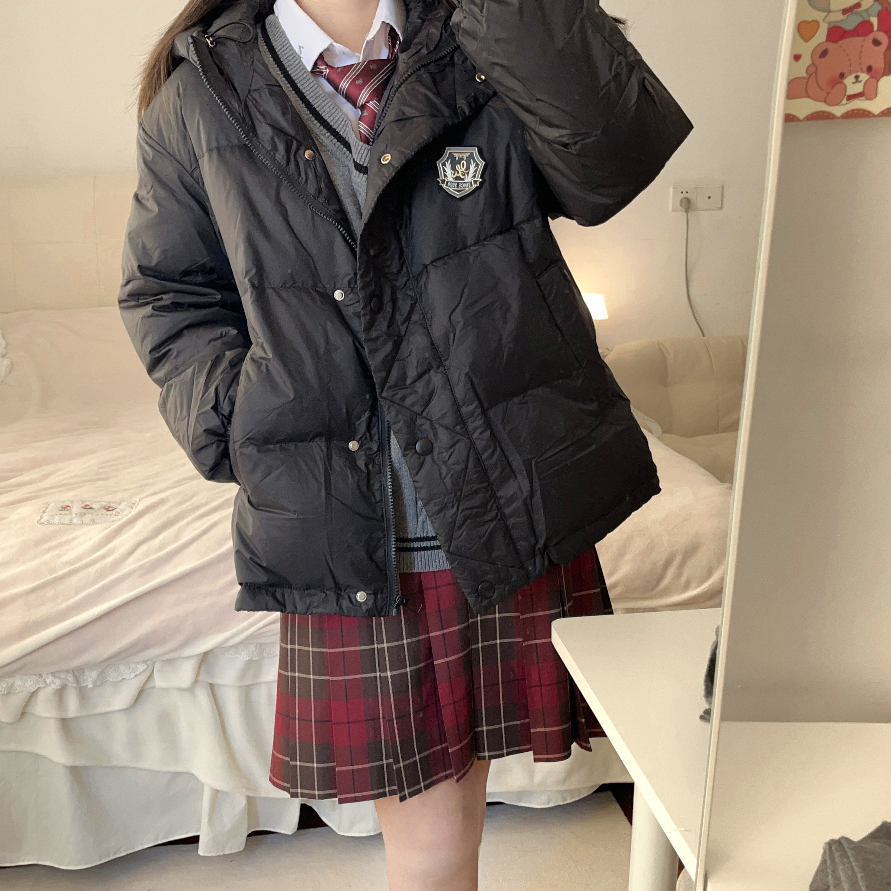 自制羽绒服女短款韩版宽松连帽小个子白鸭绒面包服jk外套