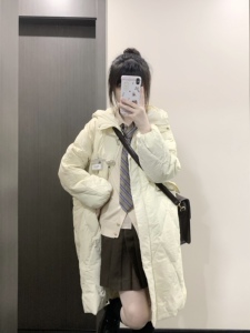 自制韩系jk外套学院风牛角扣菱形格小个子过膝长款连帽羽绒服