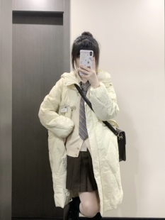自制原创韩系jk外套学院风牛角扣菱形格小个子过膝长款连帽羽绒服