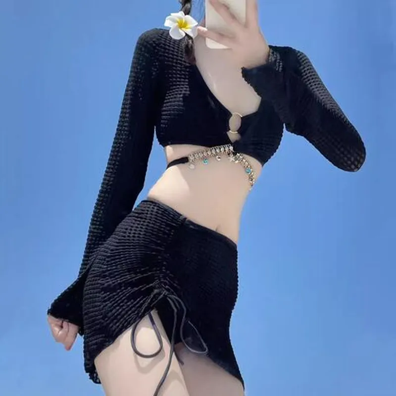 游泳衣小胸比基尼海边度假2025分体显瘦长袖辣妹四件套女性感新款