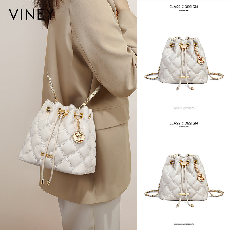Viney水桶包包女式2024新款夏天真皮女包菱格链条包小拎包斜挎包
