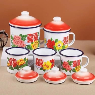 搪瓷杯结婚茶缸子80年代怀旧老物件老式花卉款瓷缸马克杯铁瓷茶缸