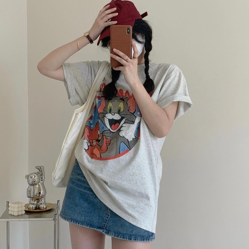 美式复古设计感卡通汤姆与杰瑞圆领t恤纯棉短袖宽松上衣女ins百搭