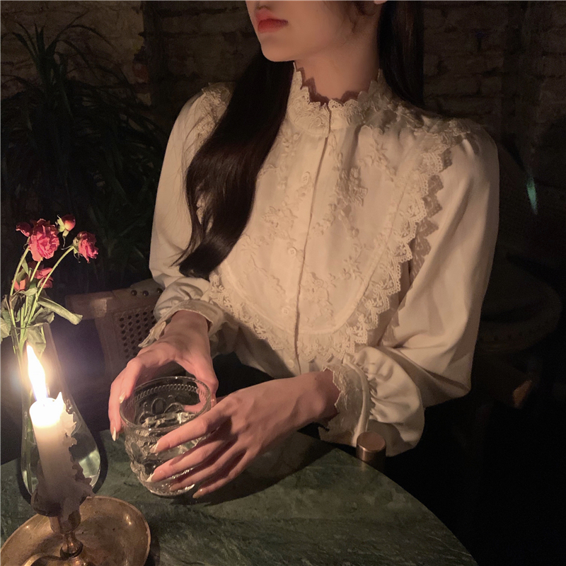 Real shot real price French embroidery standing collar shirt for women's wear