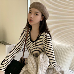 Real price striped knitwear slim long sleeve top with foreign style thin underlayer