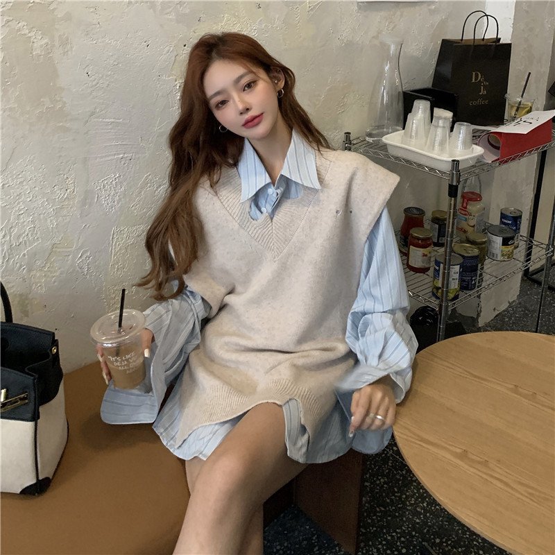 Real price striped shirt vest two piece suit for women's 2020 new autumn loose Hong Kong style top