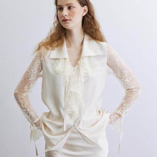 长袖衬衫蕾丝拼接设计感仙气抽绳