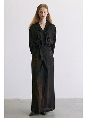 Holypark 24/PF 植物纤维深色扎染高腰慵懒风经典绑带长款半身裙