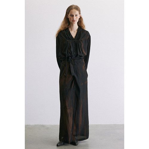 Holypark 24/PF 植物纤维深色扎染高腰慵懒风经典绑带长款半身裙