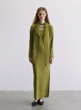 Holypark 24/PF醋酸乱麻肌理优雅无袖修身连衣裙排扣收腰衬衫